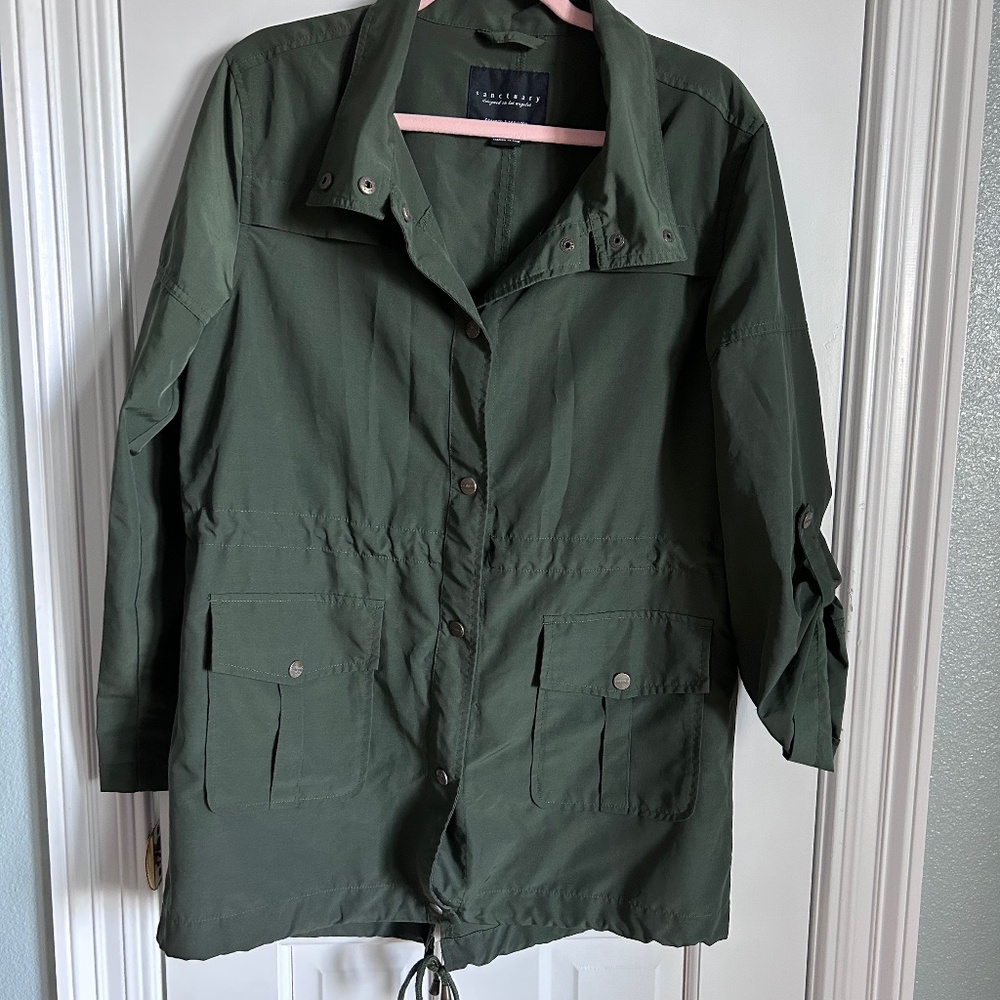 Dark olive green snap front cinched waist jacket